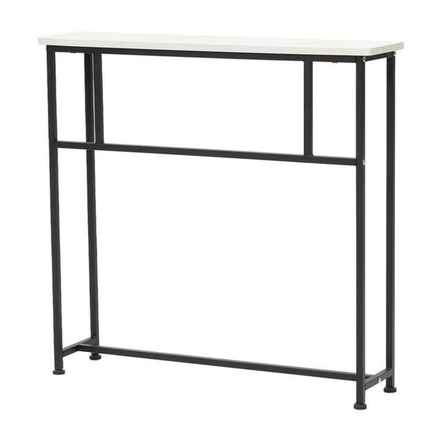 KORVIXA 80cm Narrow Sofa Console Table Marble Effect Top Metal Frame in White - Size: 100 cm x 100 cm - image 1