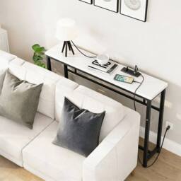 KORVIXA 80cm Narrow Sofa Console Table Marble Effect Top Metal Frame in White - Size: 100 cm x 100 cm - thumbnail 4