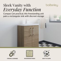 Balterley Bathroom Vanity Basin Unit, Chrome Handles, 600mm, Mid Oak in Brown - thumbnail 2