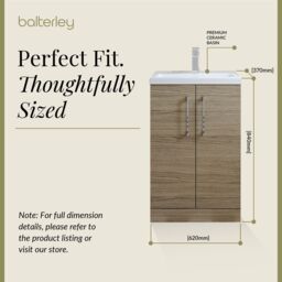 Balterley Bathroom Vanity Basin Unit, Chrome Handles, 600mm, Mid Oak in Brown - thumbnail 5