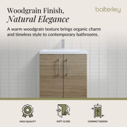 Balterley Bathroom Vanity Basin Unit, Chrome Handles, 600mm, Mid Oak in Brown - thumbnail 3