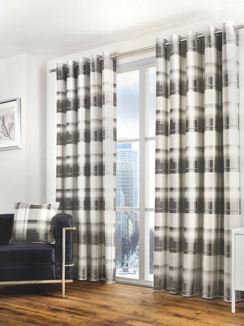 Fusion 'Balmoral Check' Country Checked Pattern Pair of Eyelet Curtains in Dark Grey - Size: 229 cm width x 183 cm drop - image 1