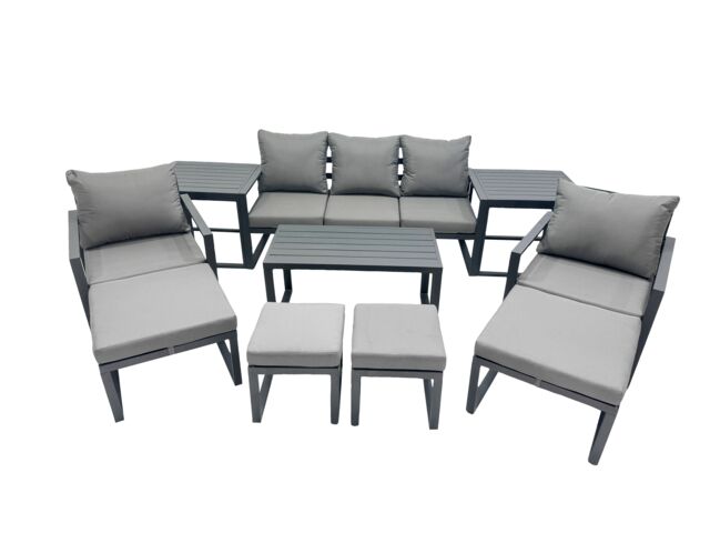 Fimous 9 Seat Aluminium Lounge 3 Seat Sofa Coffee Table Sets with 4 Stools in Dark Grey - image 1