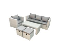Fimous Rattan Garden Furniture Set 5 Pieces Outdoor Garden Sofa Oblong Coffee Table Set with Chair 2 Small Footstools Light Grey Mixed - thumbnail 2