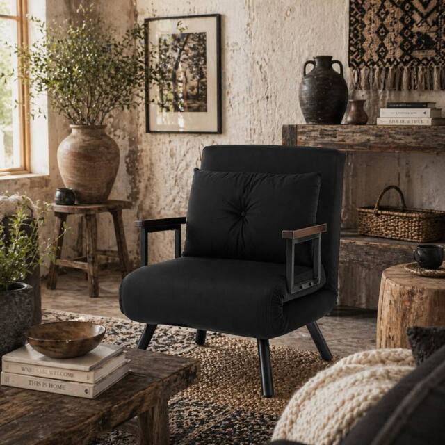 Wyld Haus Nenoli Velvet Black 4 in 1 Convertible Single Chair Bed with Cushion - image 1