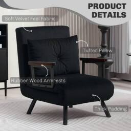 Wyld Haus Nenoli Velvet Black 4 in 1 Convertible Single Chair Bed with Cushion - thumbnail 6