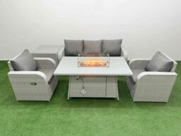 Fimous PE Rattan Garden Furniture Set Reclining Chair Sofa Lounge Sofa Set Firepit Dining Table Side Table Light Grey - thumbnail 1