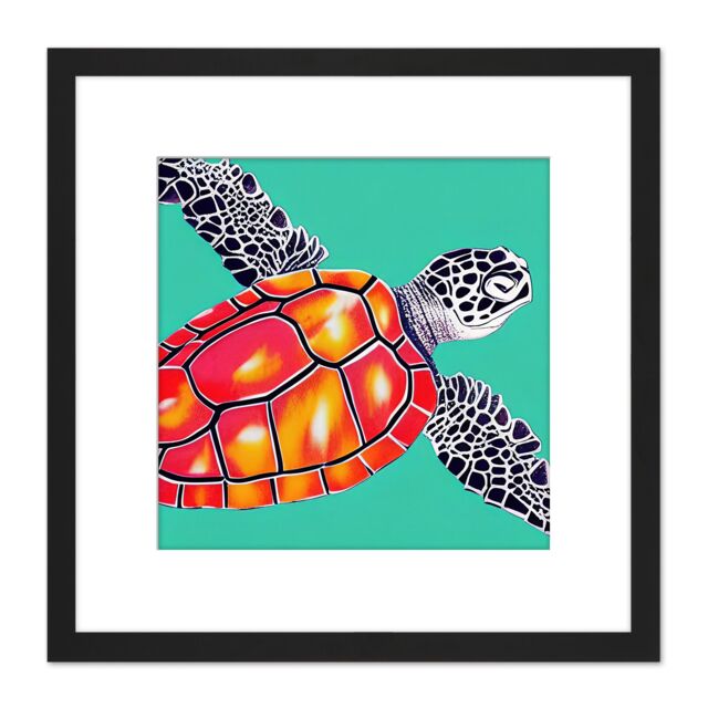 Artery8 Ocean Loggerhead Turtle Red Shell Watercolour Ink Square Wooden Framed Wall Art Print Picture 8X8 Inch in Black - image 1