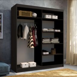 MN Furniture High Gloss Sliding Mirror Wardrobe-LED Light W150cmxH200cm in Black - thumbnail 2