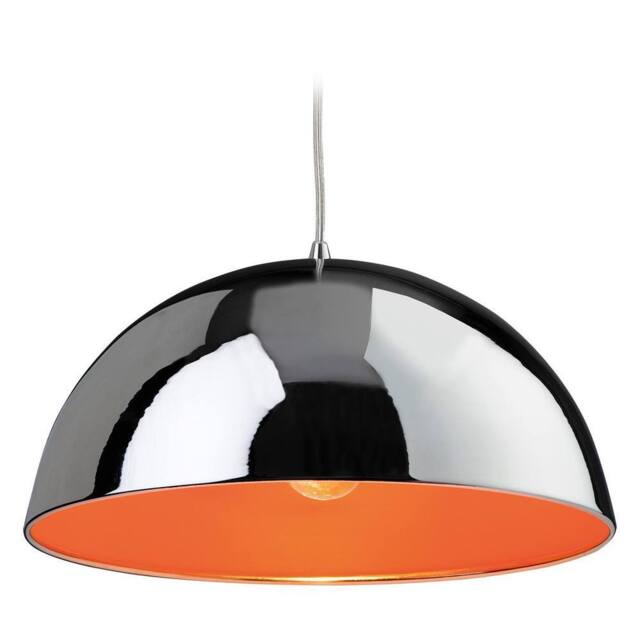 Netlighting Bistro 1 Light Dome Ceiling Pendant Chrome Orange Inside E27