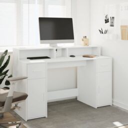 Berkfield Home Desk with LED Lights White 140x55x91 cm Engineered Wood - Size: 140 x 55 x 91 cm - thumbnail 4