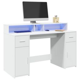Berkfield Home Desk with LED Lights White 140x55x91 cm Engineered Wood - Size: 140 x 55 x 91 cm - thumbnail 1