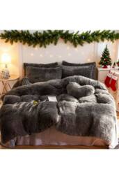 Living and Home 3Pcs Soft Skin-friendly Faux Mink Fleece Duvet Set in Dark Grey - Size: Single