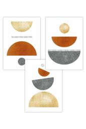 ARTZE Set of 3 Orange, Gold & Grey Abstract Mid Century Geometric Art Posters in Burnt Orange - Size: W50 cm x H70 cm - thumbnail 1