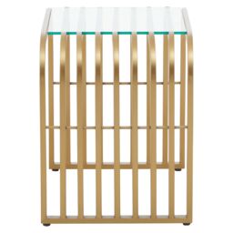 Orsina Matte Gold Slatted End Table, Stylish End Table, Glass Top & Steel Construction Corner Table for Home - thumbnail 3