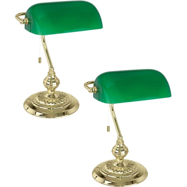 Loops 2 PACK Table Lamp Colour Brass Shade Green Glass Painted Pull Switch E27 1x60W - image 1