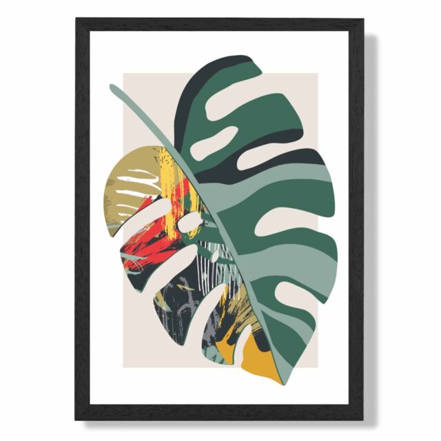ARTZE Monstera Green & Red Minamilist Framed Print SIZE: A4 with Black Frame - image 1