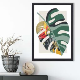 ARTZE Monstera Green & Red Minamilist Framed Print SIZE: A4 with Black Frame - thumbnail 2