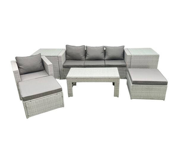 Fimous Outdoor Rattan Garden Furniture Set w/ Grey Cushions Luxury 6 Seater w/ 2 Big Footstools & Coffee Table, 2 Side Tables For Conservatory, Patio - image 1