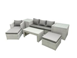 Fimous Outdoor Rattan Garden Furniture Set w/ Grey Cushions Luxury 6 Seater w/ 2 Big Footstools & Coffee Table, 2 Side Tables For Conservatory, Patio - thumbnail 2