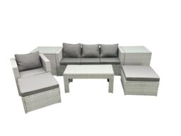 Fimous Outdoor Rattan Garden Furniture Set w/ Grey Cushions Luxury 6 Seater w/ 2 Big Footstools & Coffee Table, 2 Side Tables For Conservatory, Patio - thumbnail 1