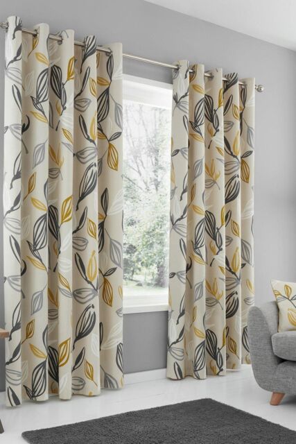 Fusion 'Ensley' 100% Cotton Botanical Print Pair of Eyelet Curtains in Mustard - Size: 168 cm width x 137 cm drop - image 1