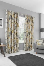 Fusion 'Ensley' 100% Cotton Botanical Print Pair of Eyelet Curtains in Mustard - Size: 168 cm width x 137 cm drop - thumbnail 2