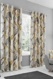 Fusion 'Ensley' 100% Cotton Botanical Print Pair of Eyelet Curtains in Mustard - Size: 168 cm width x 137 cm drop - thumbnail 1