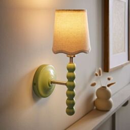 ValueLights Bobbins Pair of Pastel Wall Lights & Natural Linen Trim Lamp Shades in Pale Green - thumbnail 2
