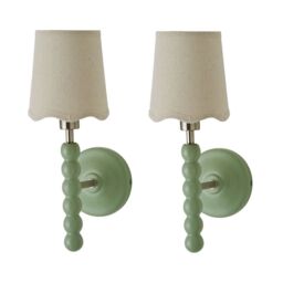 ValueLights Bobbins Pair of Pastel Wall Lights & Natural Linen Trim Lamp Shades in Pale Green - thumbnail 1