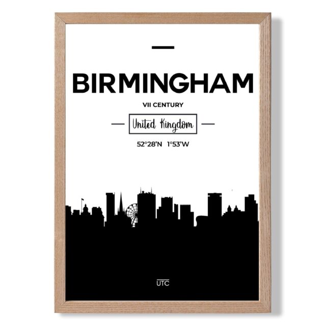 ARTZE Birmingham Black & White City Skyline Framed Print SIZE: A3 with Oak Frame - Size: A2 - image 1