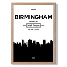 ARTZE Birmingham Black & White City Skyline Framed Print SIZE: A3 with Oak Frame - Size: A2 - thumbnail 1