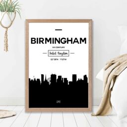 ARTZE Birmingham Black & White City Skyline Framed Print SIZE: A3 with Oak Frame - Size: A2 - thumbnail 2
