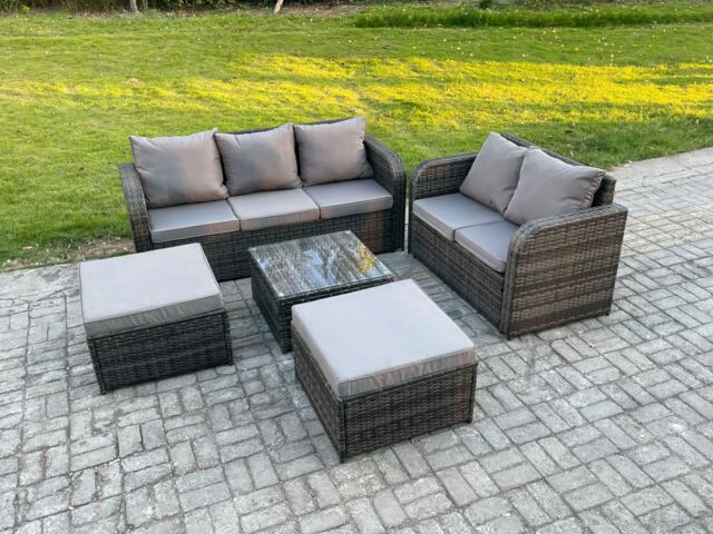 Fimous PE Rattan Garden Furniture Sets 7 Seater Outdoor Lounge Sofa Set Square Coffee Table 2 Big Footstool in Dark Grey - image 1
