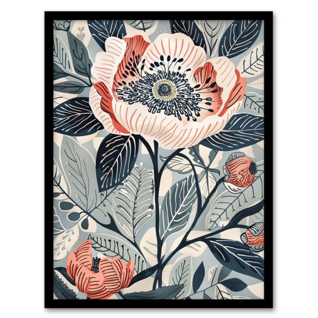 "Artery8 Blooming Peonies Blue Pink Floral Design Framed Art Print - Size: W12"" x H16""" - image 1