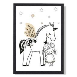 ARTZE Scandi Princess Little & Pegasus Framed Print SIZE: A4 with Black Frame - thumbnail 1