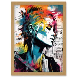 Artery8 Emo Woman Electric Guitar Sheet Music Upcycle Art Splatter Paint Modern Painting Artwork Framed Wall Art Print A4 in Light Oak - thumbnail 1