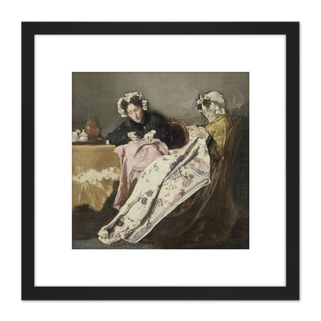 Artery8 Bakker Korff Two At Their Sewing Painting 8X8 Inch Square Wooden Framed Wall Art Print Picture with Mount in Black - image 1