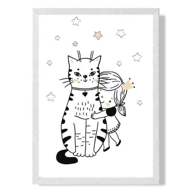 ARTZE Scandi Princess Little Hugging Cat Framed Print SIZE: A2 with White Frame in Black - Size: A4 - image 1