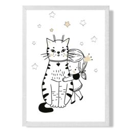 ARTZE Scandi Princess Little Hugging Cat Framed Print SIZE: A2 with White Frame in Black - Size: A4 - thumbnail 1