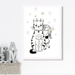 ARTZE Scandi Princess Little Hugging Cat Framed Print SIZE: A2 with White Frame in Black - Size: A4 - thumbnail 2