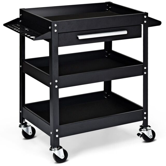 Costway 3-Tray Tool Cart Rolling Utility Cart Tray Organizer w/ Drawer & Wheels in Black