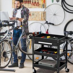 Costway 3-Tray Tool Cart Rolling Utility Cart Tray Organizer w/ Drawer & Wheels in Black - thumbnail 3