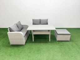 Fimous 5 Seater Outdoor Love Sofa Set Rattan Garden Furniture Set with Rectangular Dining Table Big Footstool Light Grey - thumbnail 1