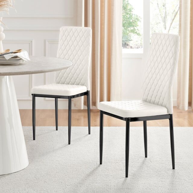 FurnitureboxUK Set of 4 Milan High Back Soft Touch Diamond Pattern Faux Leather Dining Chairs With Black Powder Coated Metal Legs in White - image 1