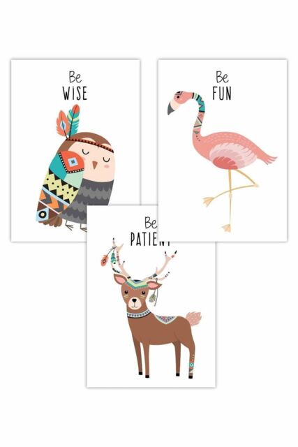 ARTZE Women's Set of 3 Nursery Tribal Owl, Flamingo, Deer Quote Art Posters in Pink - Size: W50 cm x H70 cm - image 1