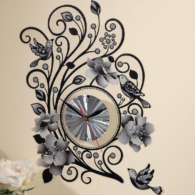 mysmartbuy Battery Operated Wall Sticker Clock - Silver Swirling Floral Design Home Decoration - Measures H40.5 x W29cm