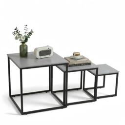 Alivio Set of 3 Industrial Nesting Coffee Table Space-Saving with Metal Frame in Grey - thumbnail 7