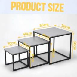 Alivio Set of 3 Industrial Nesting Coffee Table Space-Saving with Metal Frame in Grey - thumbnail 2