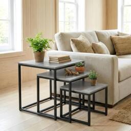 Alivio Set of 3 Industrial Nesting Coffee Table Space-Saving with Metal Frame in Grey - thumbnail 3